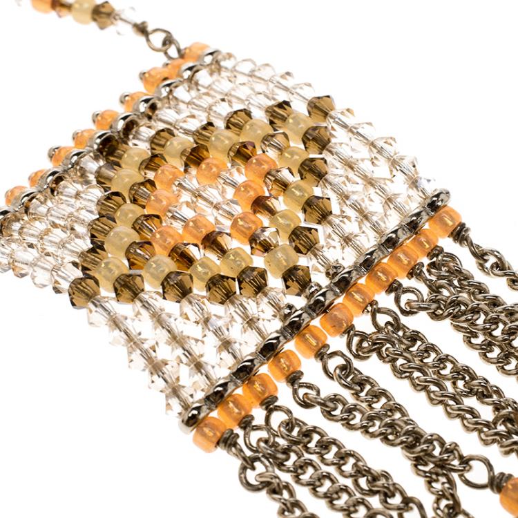 Pre Owned Valentino Multicolor Navajo Beaded Geometric Fringe Gold Tone Long Chain Earrings 