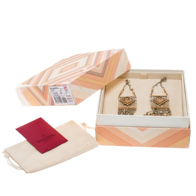 Pre Owned Valentino Multicolor Navajo Beaded Geometric Fringe Gold Tone Long Chain Earrings 