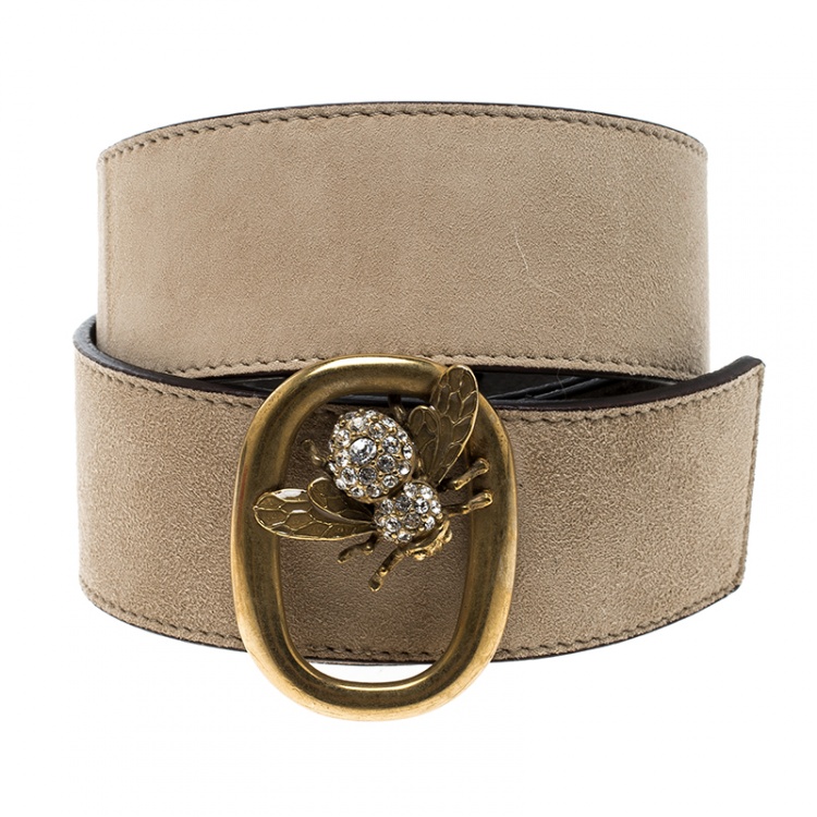 Pre Owned Valentino Light Beige Suede Bee Buckle Belt 85cm