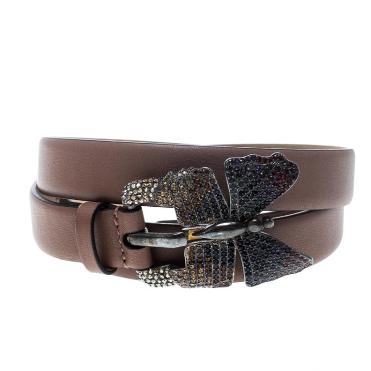 Pre Owned Valentino Cedar Brown Leather Crystal Embellished Butterfly Buckle Belt 85cm