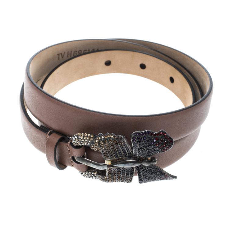 Pre Owned Valentino Cedar Brown Leather Crystal Embellished Butterfly Buckle Belt 85cm