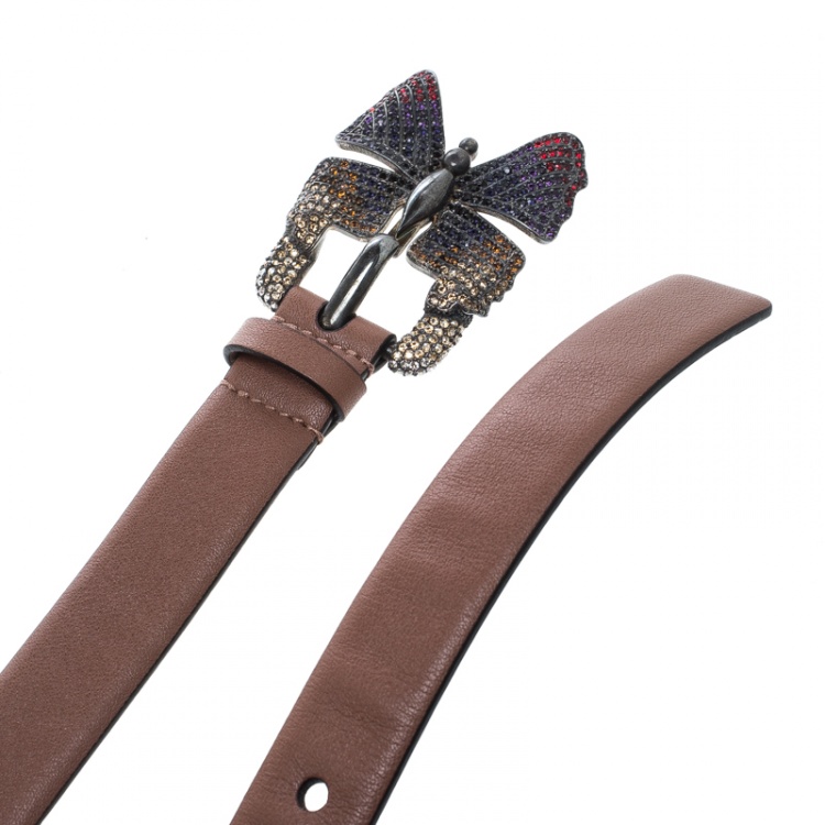 Pre Owned Valentino Cedar Brown Leather Crystal Embellished Butterfly Buckle Belt 85cm