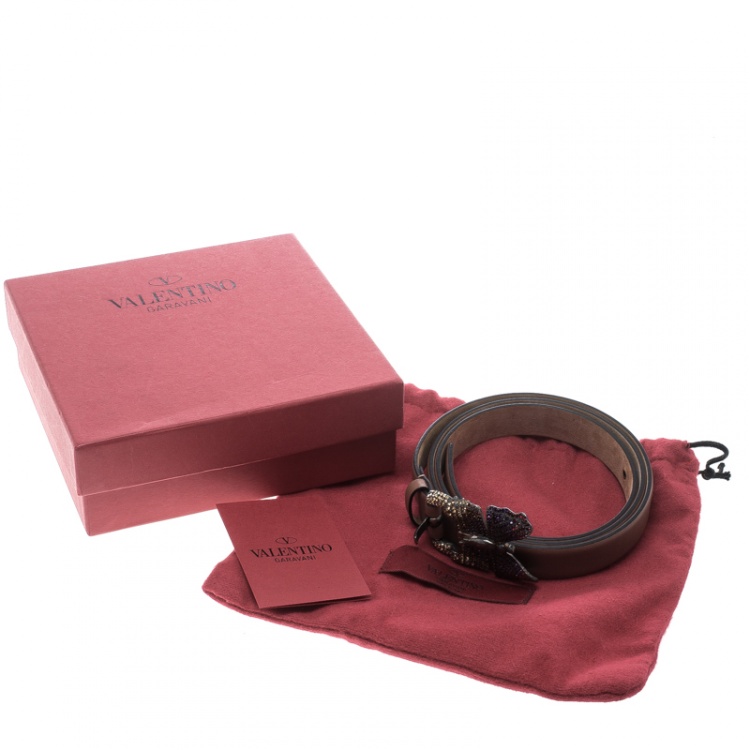 Pre Owned Valentino Cedar Brown Leather Crystal Embellished Butterfly Buckle Belt 85cm