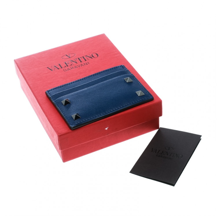 Pre Owned Valentino Blue Leather Rockstud Card Holder