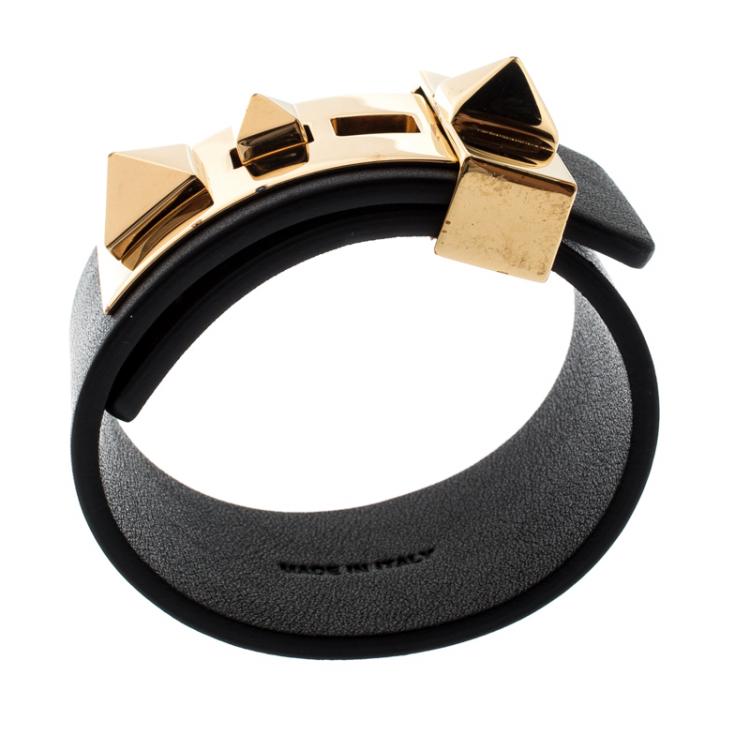 Pre Owned Valentino Black Leather B Rockstud Wide Bracelet