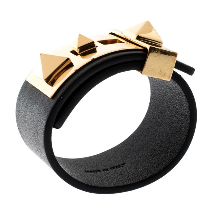 Pre Owned Valentino Black Leather B Rockstud Wide Bracelet