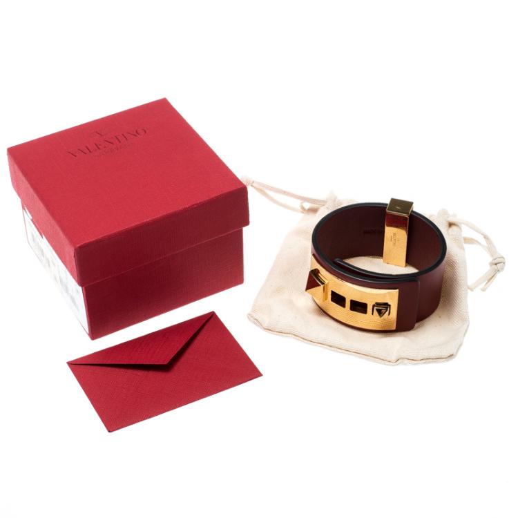 Pre Owned Valentino Rockstud Burgundy Leather Gold Tone Wide Bracelet