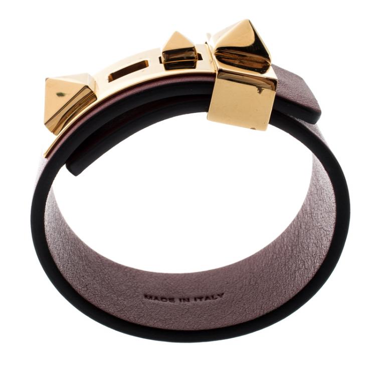 Pre Owned Valentino Rockstud Burgundy Leather Gold Tone Wide Bracelet