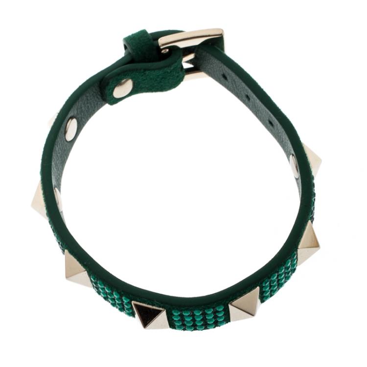 Pre Owned Valentino Emerald/Smeraldo Leather Swarovski Crystal Rockstud Glam Bracelet