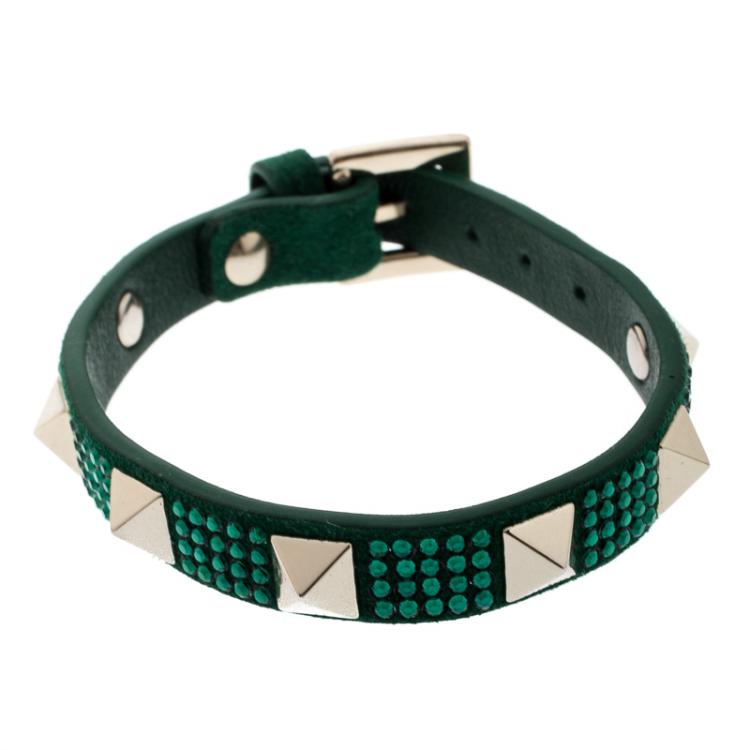 Pre Owned Valentino Emerald/Smeraldo Leather Swarovski Crystal Rockstud Glam Bracelet