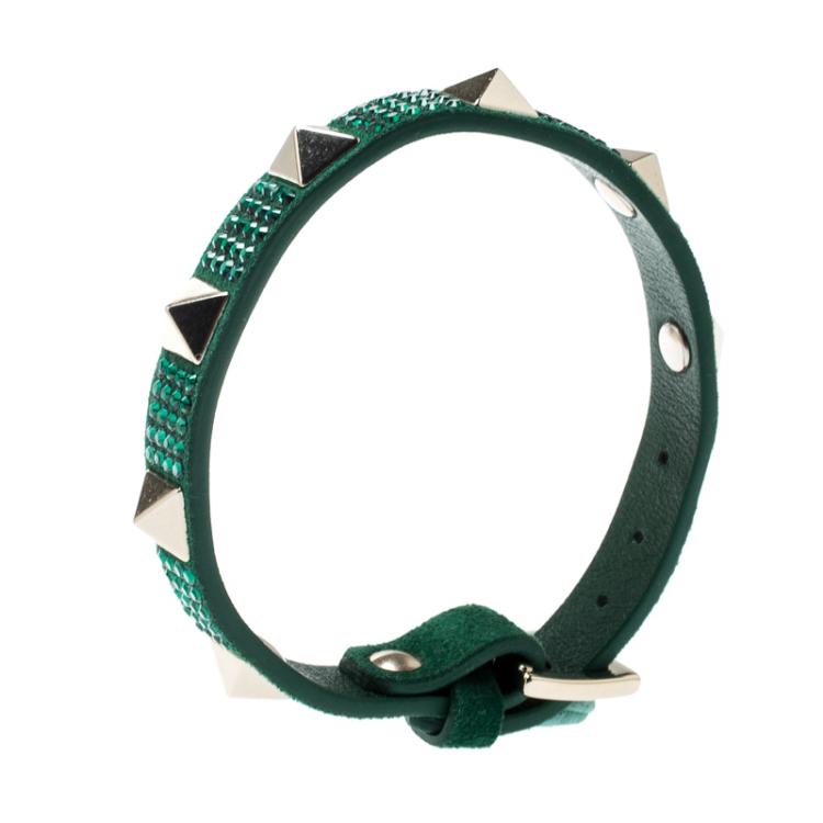 Pre Owned Valentino Emerald/Smeraldo Leather Swarovski Crystal Rockstud Glam Bracelet