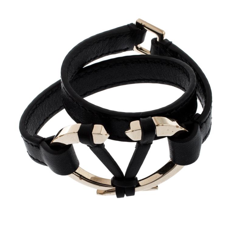 Pre Owned Valentino Black Leather V Rivet Double Wrap Bracelet M