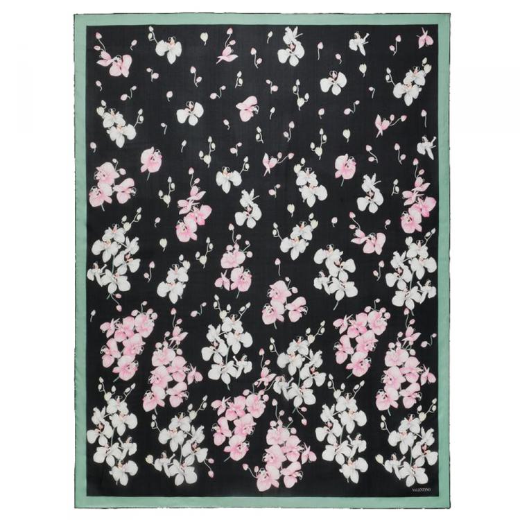 Pre Owned Valentino Black Orchid Print Silk Shawl