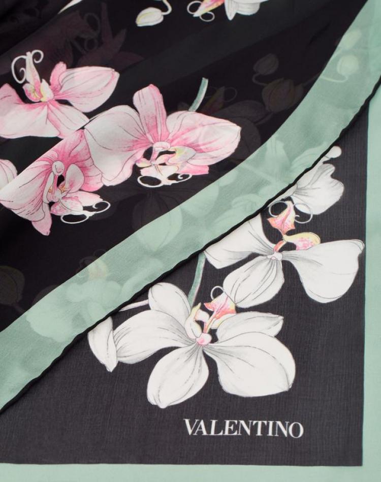 Pre Owned Valentino Black Orchid Print Silk Shawl