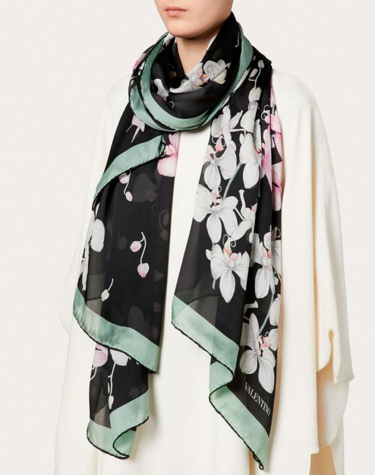 Pre Owned Valentino Black Orchid Print Silk Shawl