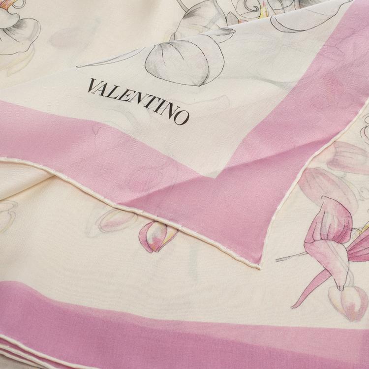 Pre Owned Valentino White Orchid Print Silk Shawl