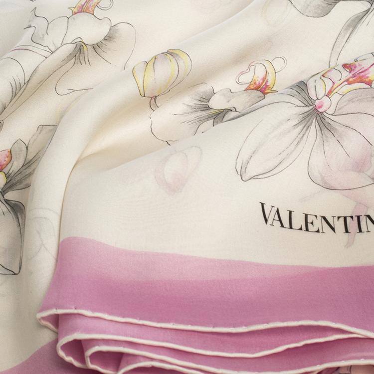 Pre Owned Valentino White Orchid Print Silk Shawl