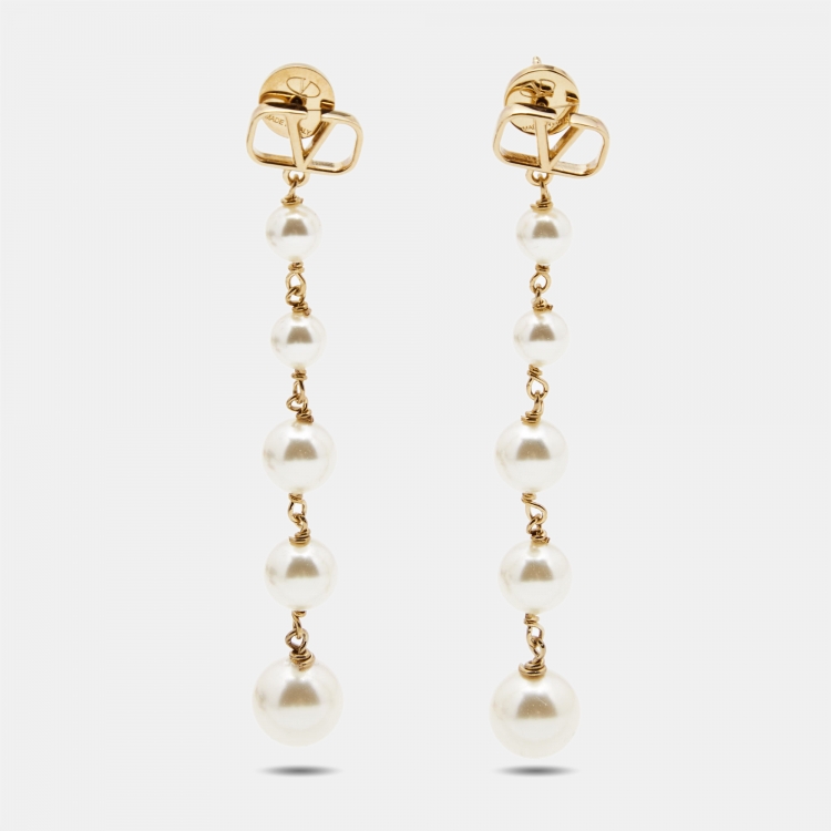 Pre Owned Valentino Vlogo Faux Pearl Gold Tone Earrings