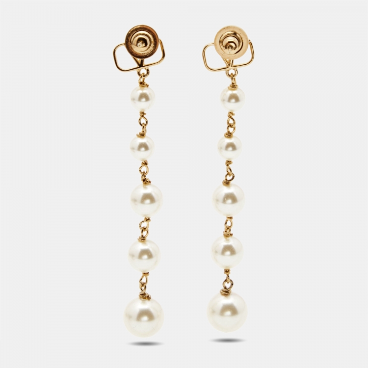 Pre Owned Valentino Vlogo Faux Pearl Gold Tone Earrings