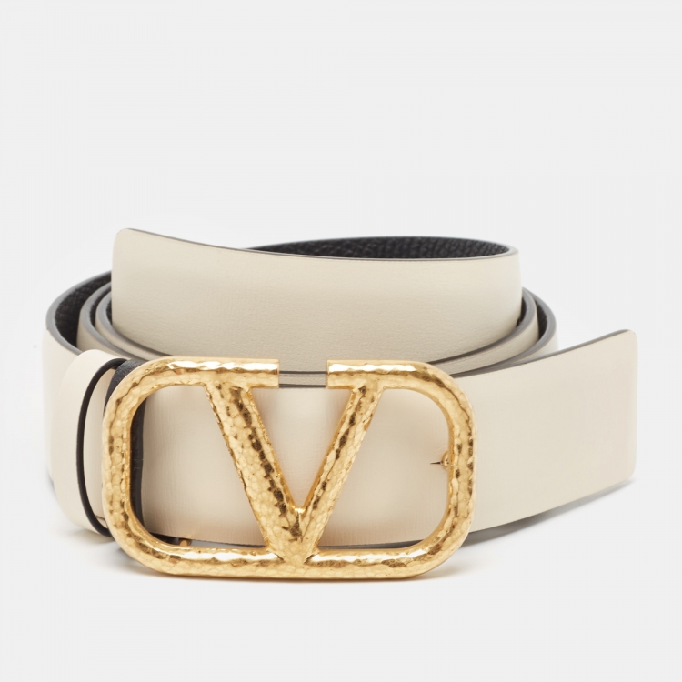 Pre Owned Valentino Black/Off White Leather VLogo Reversible Belt 75CM