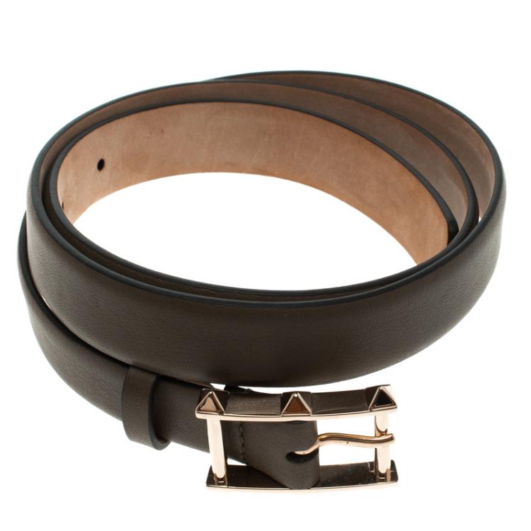 Pre Owned Valentino Dark Brown Leather Rockstud Buckle Belt 75 CM