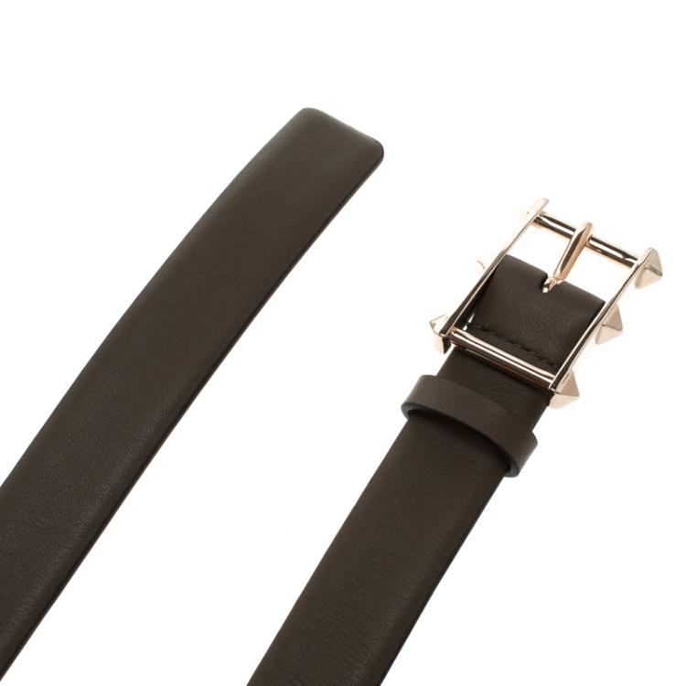 Pre Owned Valentino Dark Brown Leather Rockstud Buckle Belt 75 CM