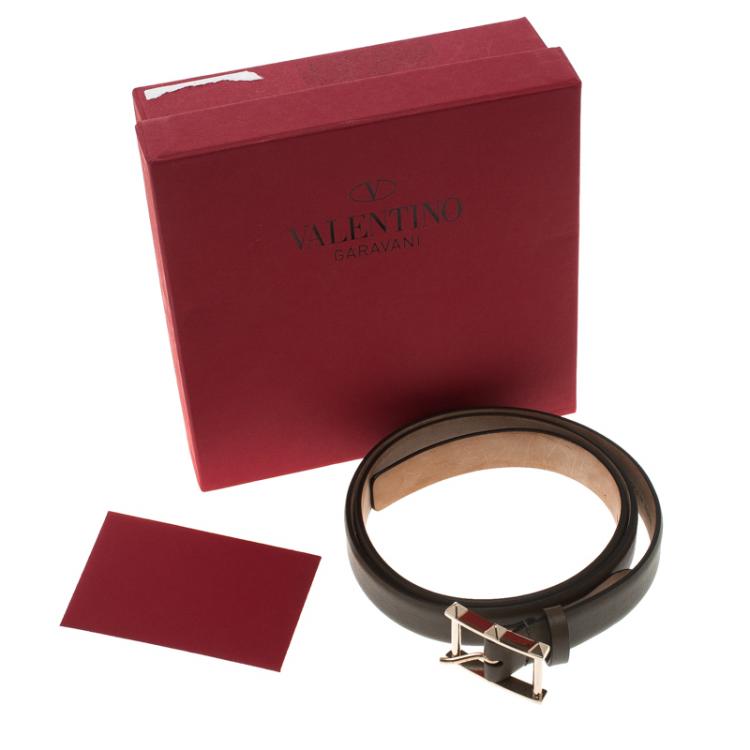 Pre Owned Valentino Dark Brown Leather Rockstud Buckle Belt 75 CM