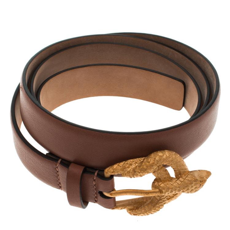 Pre Owned Valentino Cedar Brown Leather Snake Buckle Belt 85 CM