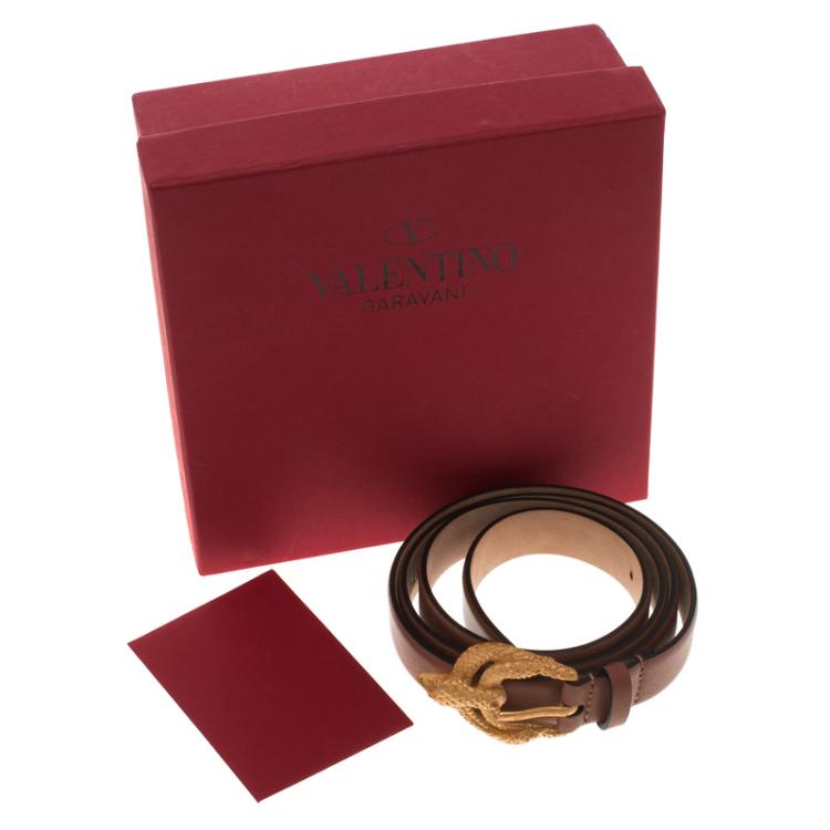 Pre Owned Valentino Cedar Brown Leather Snake Buckle Belt 85 CM