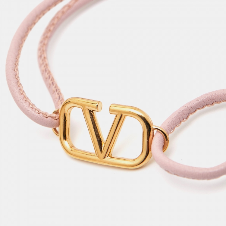 Pre Owned Valentino VLogo Leather Gold Tone Bracelet