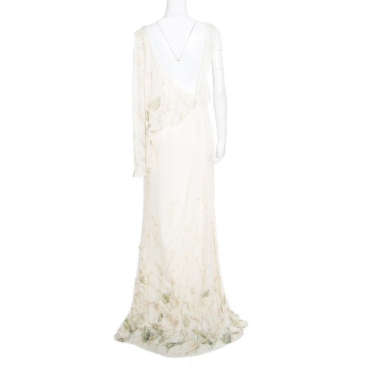 Pre Owned Valentino Pale Yellow Floral Printed Silk Draped Neck Evening Gown L