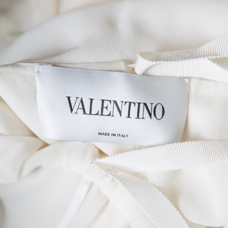 Pre Owned Valentino Pale Yellow Floral Printed Silk Draped Neck Evening Gown L