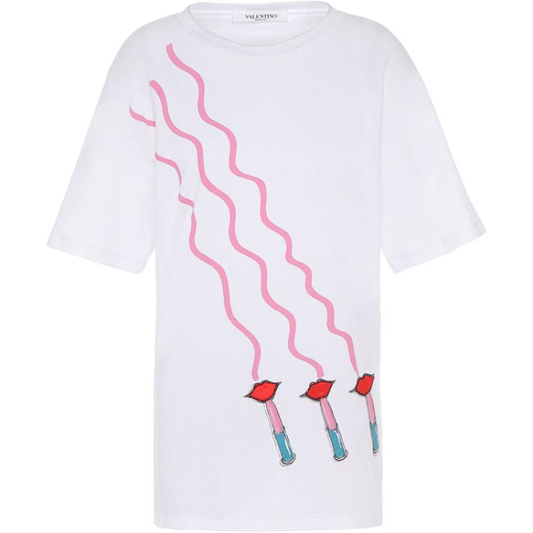 Pre Owned Valentino Bianco Lipstick Waves Printed Jersey Embroidery Crew Neck T-Shirt L