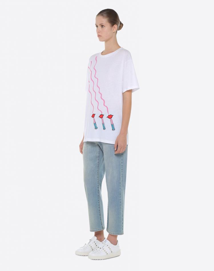 Pre Owned Valentino Bianco Lipstick Waves Printed Jersey Embroidery Crew Neck T-Shirt L