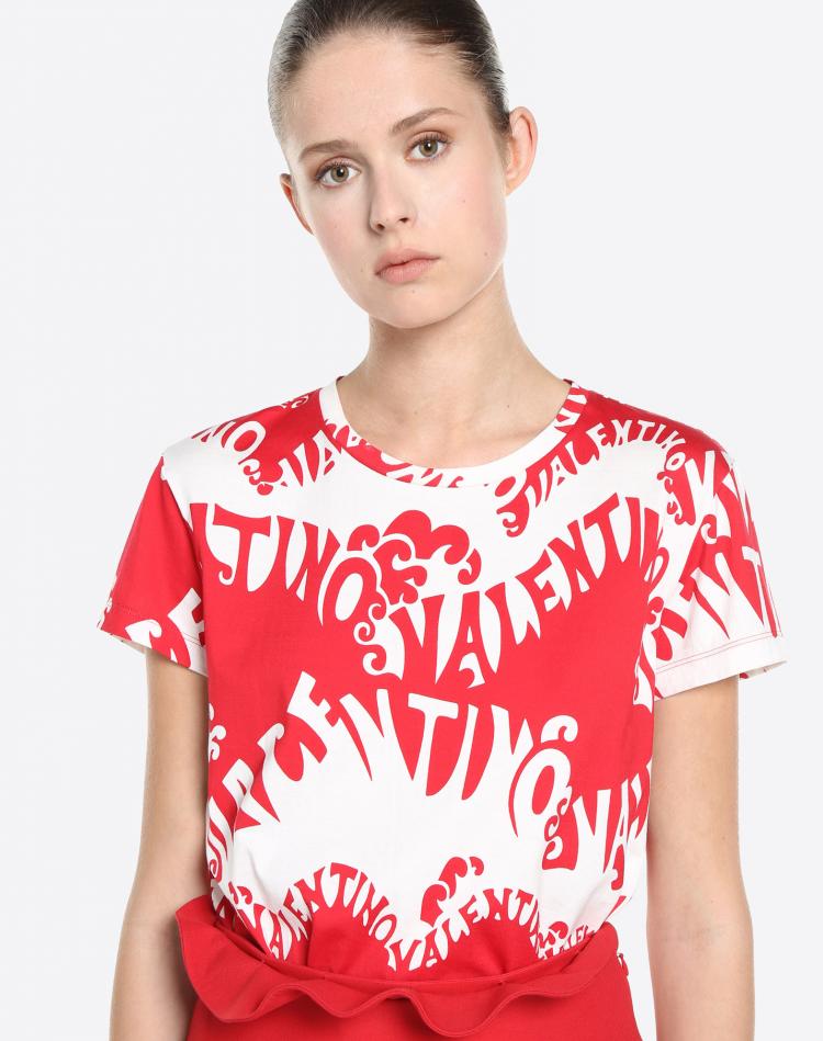 Pre Owned Valentino Rosso/Bianco Valentino Waves Printed Jersey Crew Neck T-Shirt L