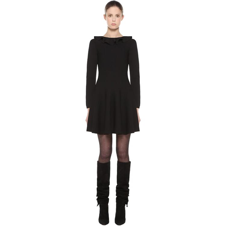 Pre Owned Valentino Black Stretch Viscose Rear Neckline with Ruffle Detail Knit Dress L