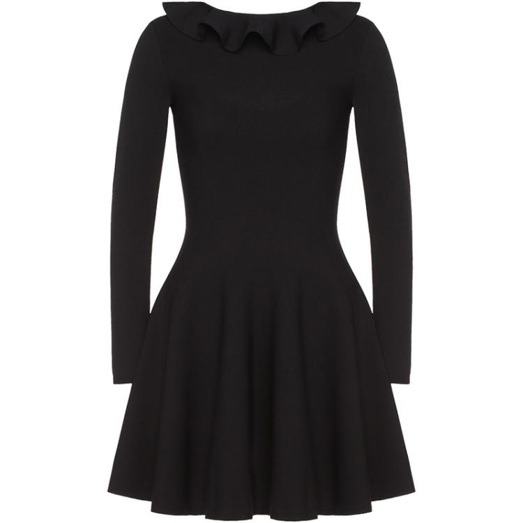 Pre Owned Valentino Black Stretch Viscose Rear Neckline with Ruffle Detail Knit Dress L