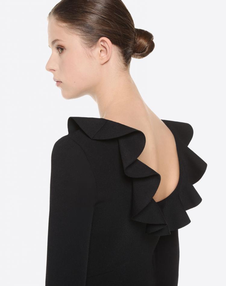 Pre Owned Valentino Black Stretch Viscose Rear Neckline with Ruffle Detail Knit Dress L