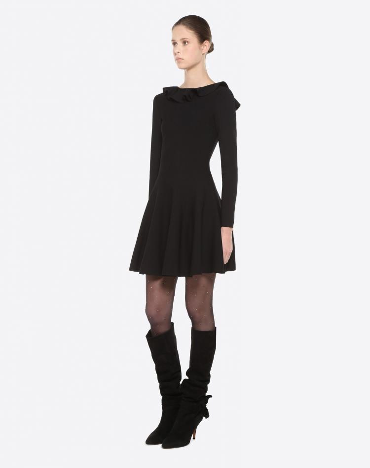 Pre Owned Valentino Black Stretch Viscose Rear Neckline with Ruffle Detail Knit Dress L