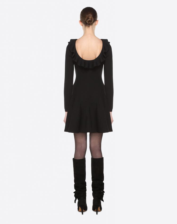 Pre Owned Valentino Black Stretch Viscose Rear Neckline with Ruffle Detail Knit Dress L