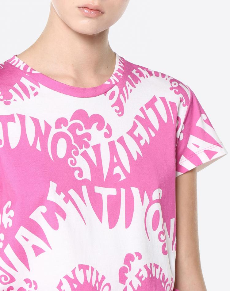 Pre Owned Valentino Pink/Bianco Valentino Waves Printed Jersey Crew Neck T-Shirt M