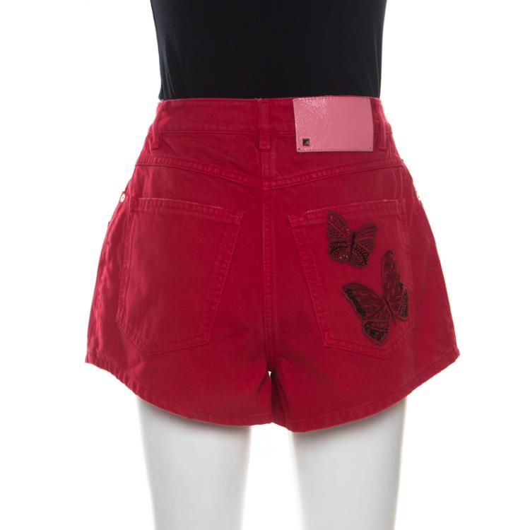 Pre Owned Valentino Rosso Denim Beaded Butterfly Embroidery Short S