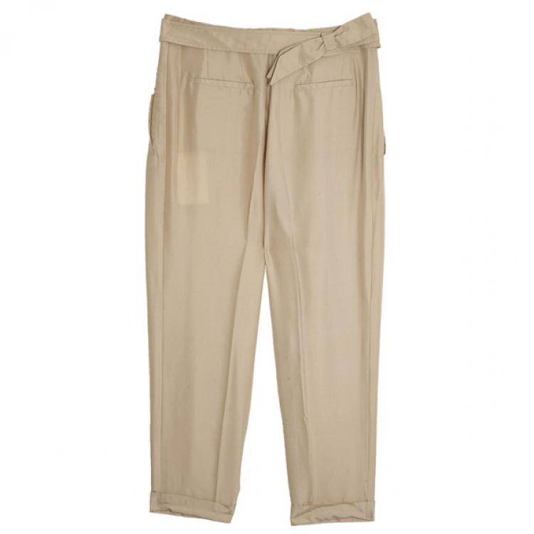 Pre Owned Valentino Beige Bowembellished Straightleg Silk Pants M