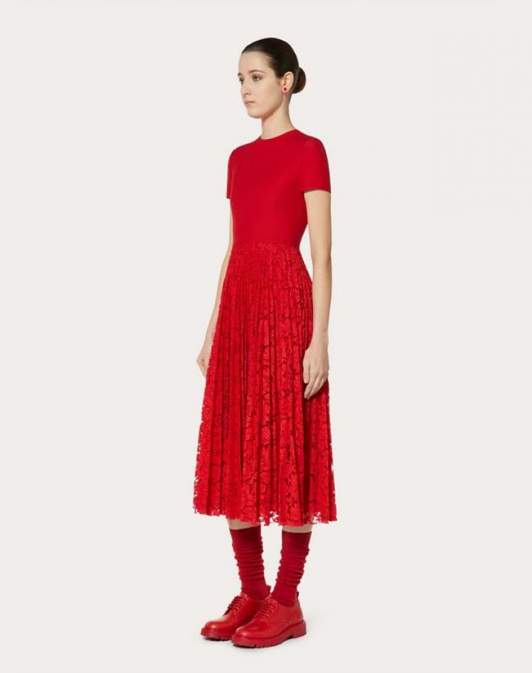 Pre Owned Valentino Red Crepe Couture with Heavy Lace Pleated Dress Medium / IT 42