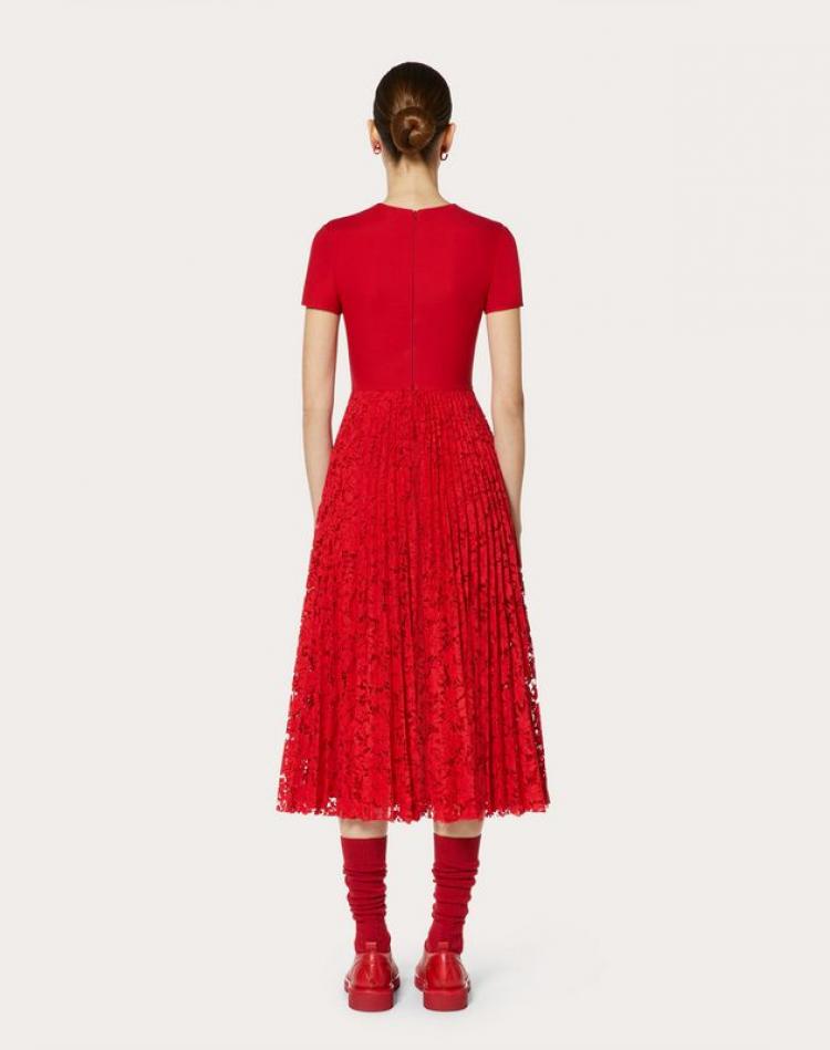 Pre Owned Valentino Red Crepe Couture with Heavy Lace Pleated Dress Medium / IT 42