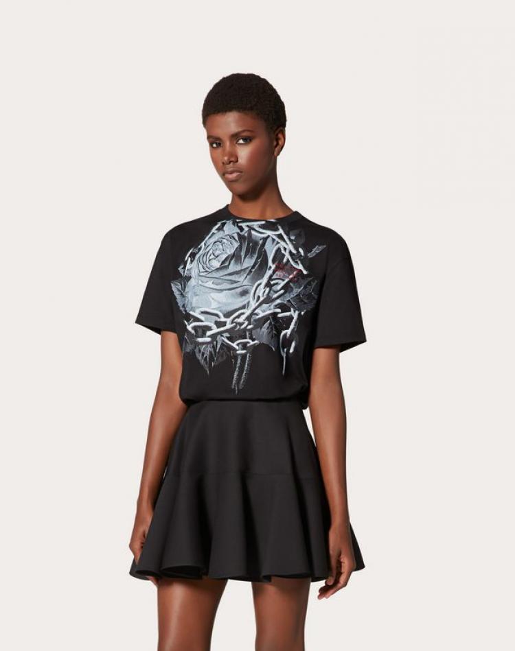 Pre Owned Valentino Black Chain Rose by Undercover Print Jersey Crew Neck T Shirt S