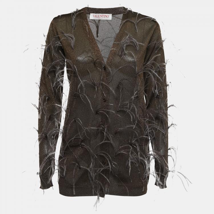 Valentino Brown Lurex Knit Feather Embellished Cardigan S