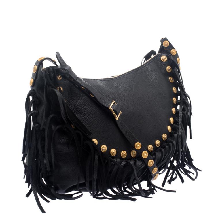 مملوكة مسبقًا Valentino Black Leather C Rockee Studded Fringe Hobo