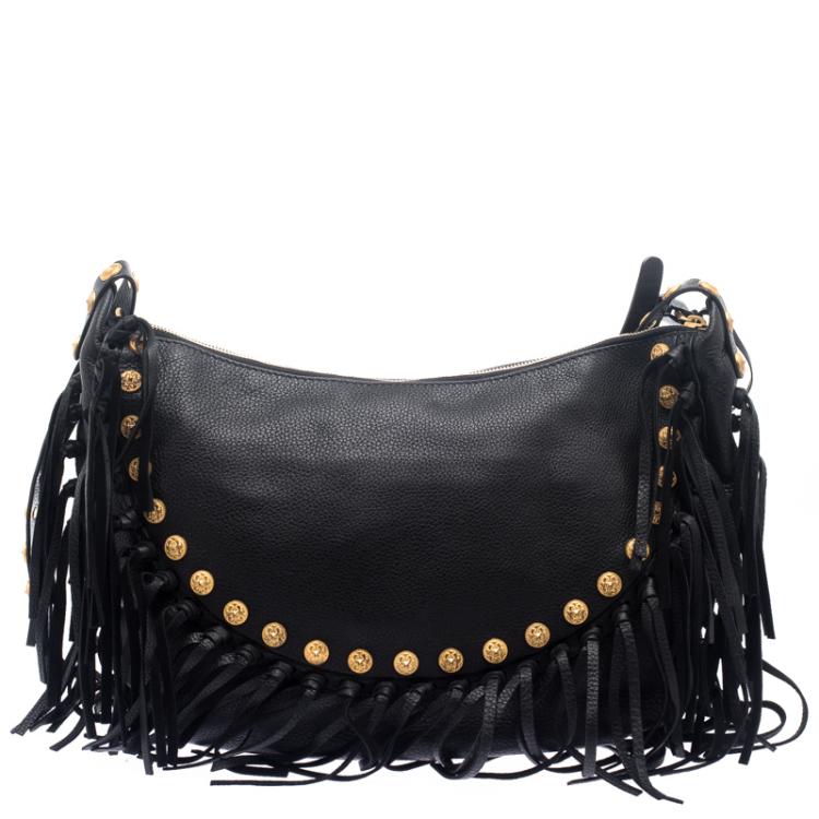 مملوكة مسبقًا Valentino Black Leather C Rockee Studded Fringe Hobo