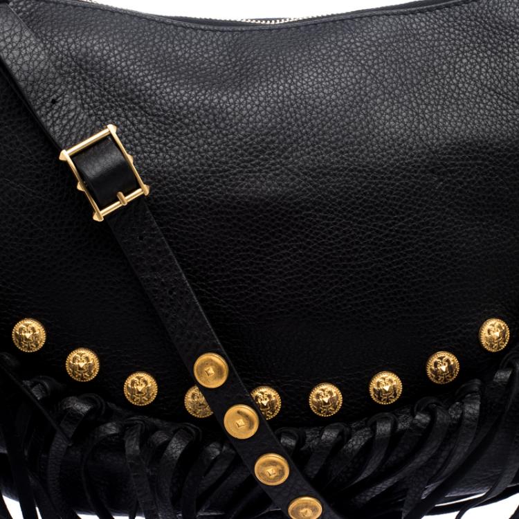 مملوكة مسبقًا Valentino Black Leather C Rockee Studded Fringe Hobo
